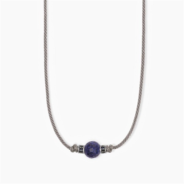 Collana uomo in argento con cordino grigio e pietra lapis