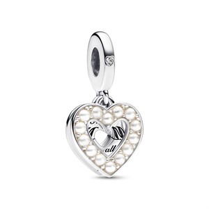 Charm Pendente Doppio Cuore con Perle d'Acqua Dolce Coltivat