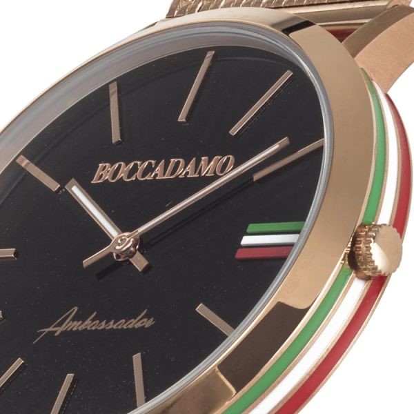 Orologio con cinturino rosato, quadrante nero e tricolore