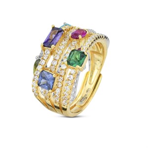 Anello a fascia larga con zirconi sfaccettati multicolor