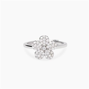 Anello in argento rodiato con fiore e zirconi bianchi