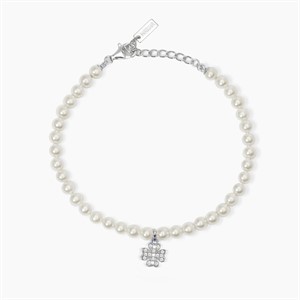 Bracciale con perle conchiglia e quadrifoglio zirconato