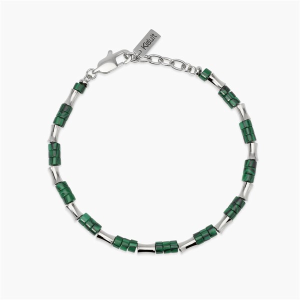 Bracciale con elementi bambù in acciaio e malachite