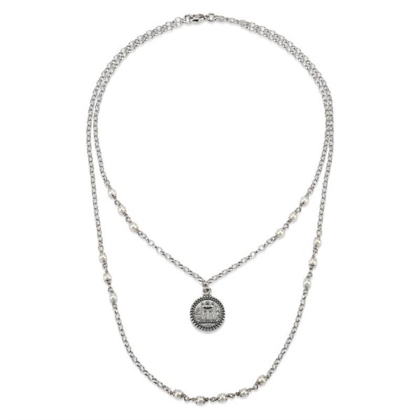 Collana doppio filo argento brunito con Moneta e perle