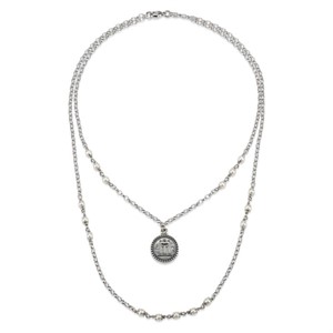 Collana doppio filo argento brunito con Moneta e perle