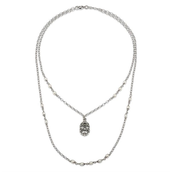 Collana doppio filo argento brunito con Maschera e perle