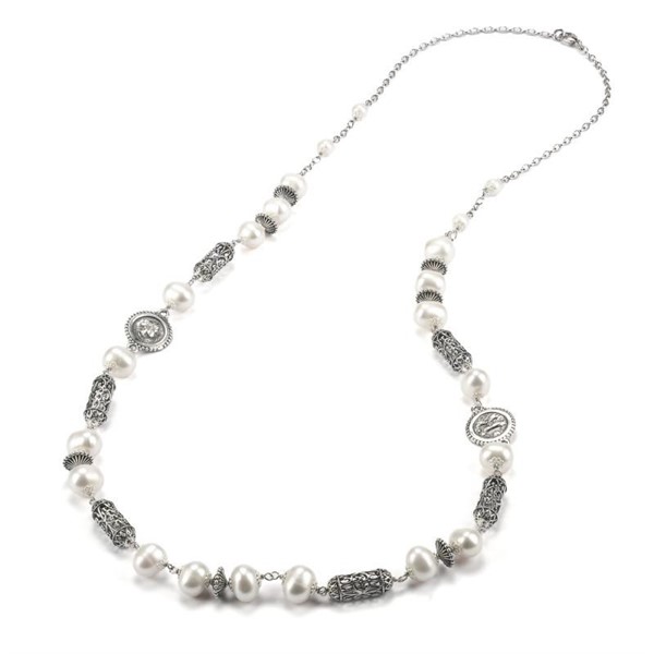 Collana lunga argento con simboli Magna Grecia e perle