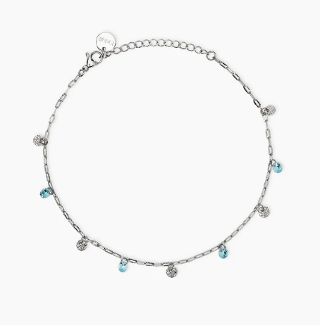 Cavigliera con charms martellati e glass azzurri