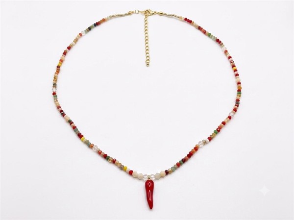 Collana Corno con Perline Rosse Multicolor