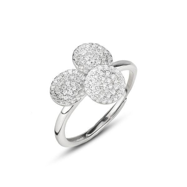 Anello con tre elementi circolari in pavè di zirconi