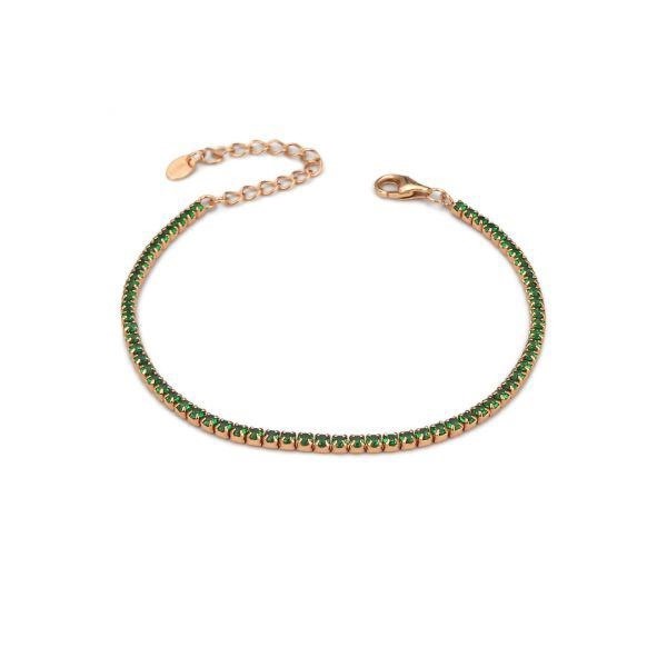 Bracciale tennis color oro rosa con zirconi verde smeraldo