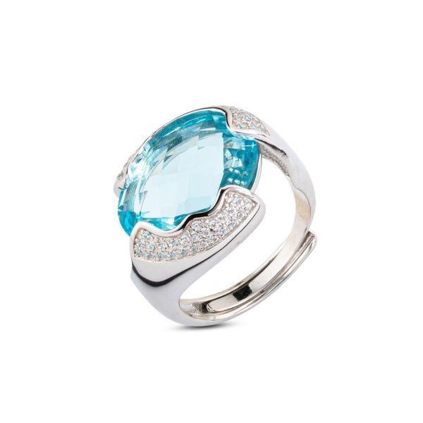 Anello con cristallo centrale sfaccettato acquamarina