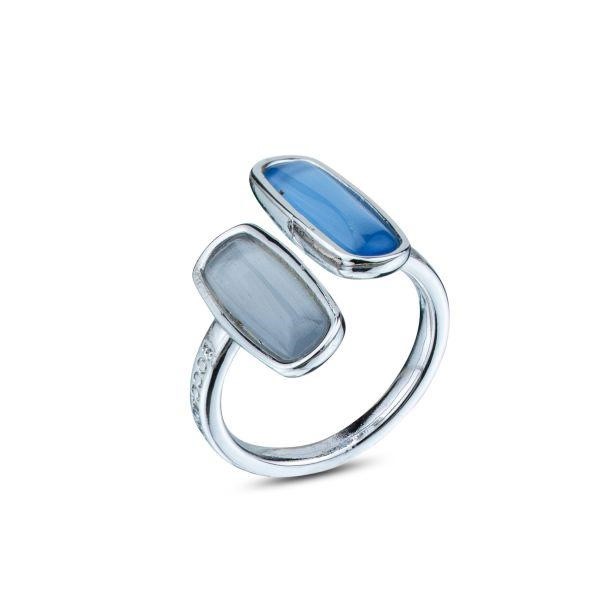 Anello con doppia pietra ovale acquamarina e blu