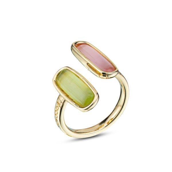 Anello con doppia pietra ovale verde chiaro e rosa