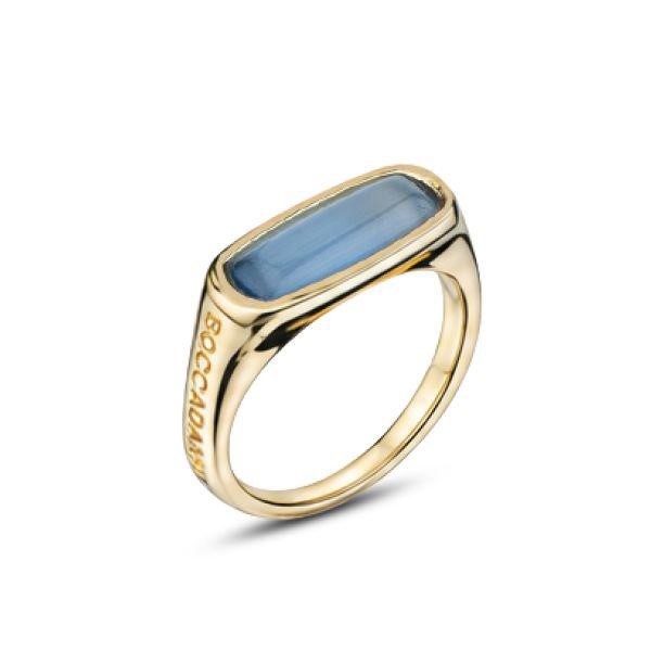 Anello con pietra blu marino ovale e brand inciso