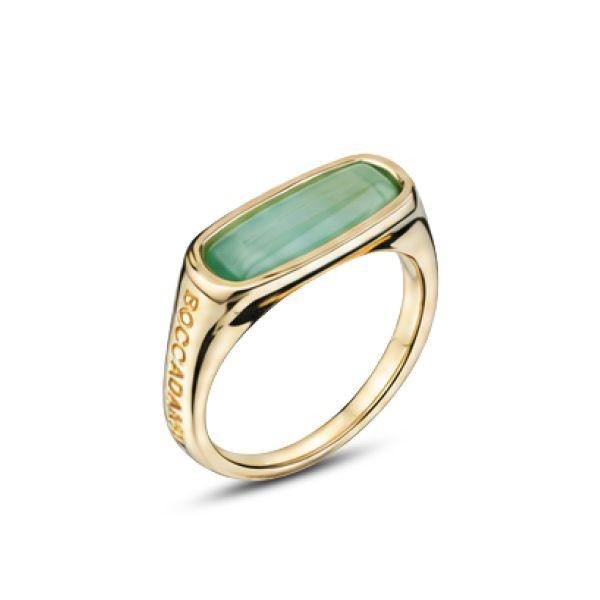 Anello con pietra verde acqua ovale e brand inciso