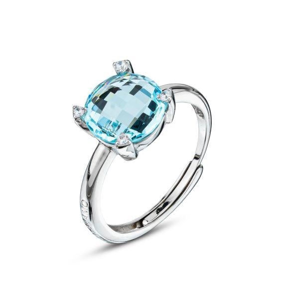 Anello con cristallo acquamarina grande e brand inciso