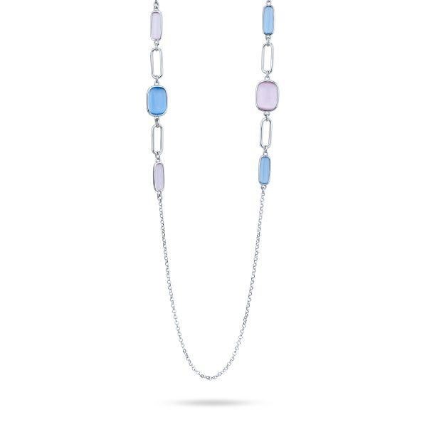 Collana lunga con pietre multiforme rosa e blu marino