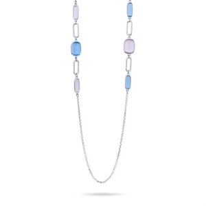 Collana lunga con pietre multiforme rosa e blu marino
