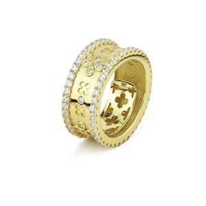 Anello Fascia motivo floreale e doppia corona di zirconi